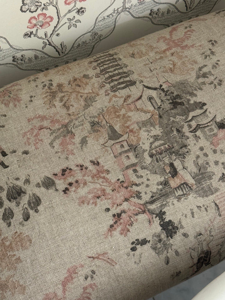 tan, pink, brown, chinoiserie linen fabric