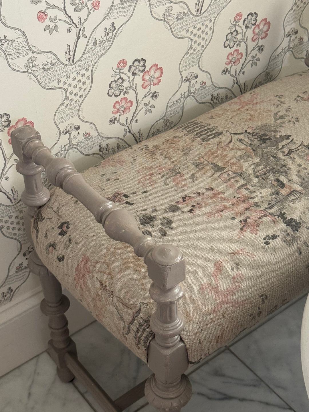tan, pink, brown, chinoiserie linen fabric
