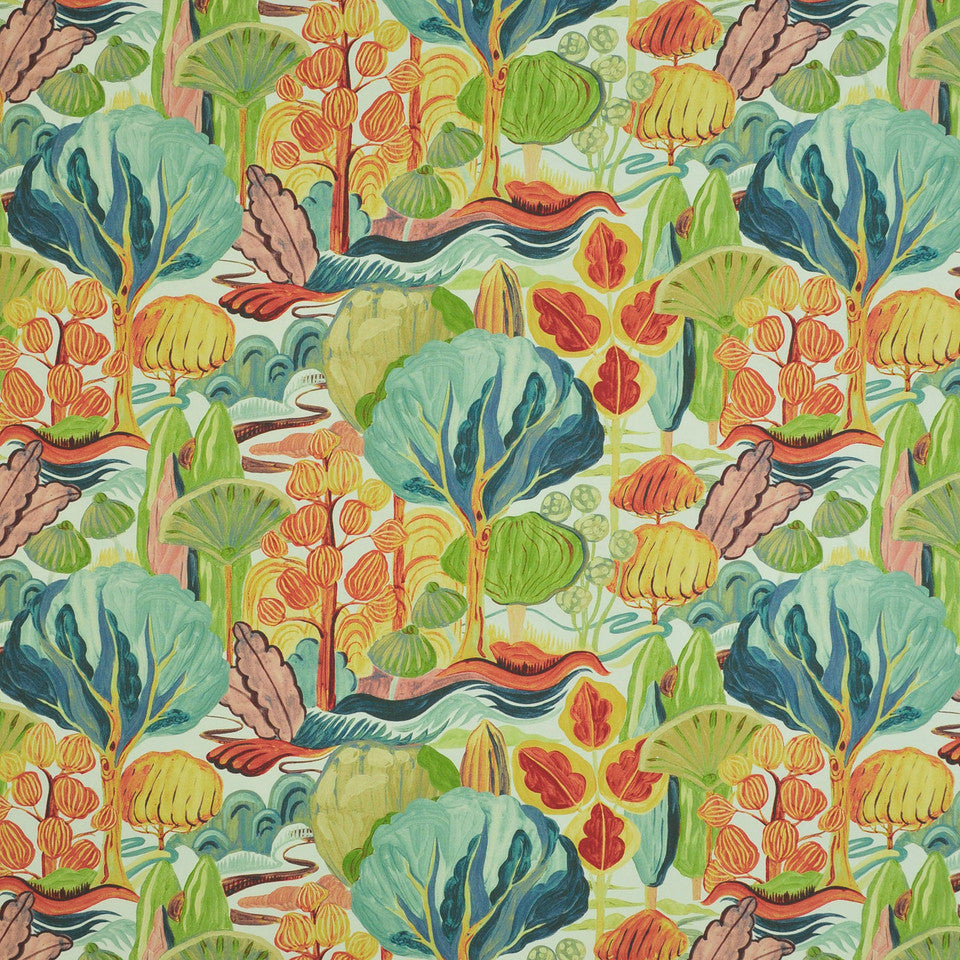 yellow, red, blue, green woodland floral fabric