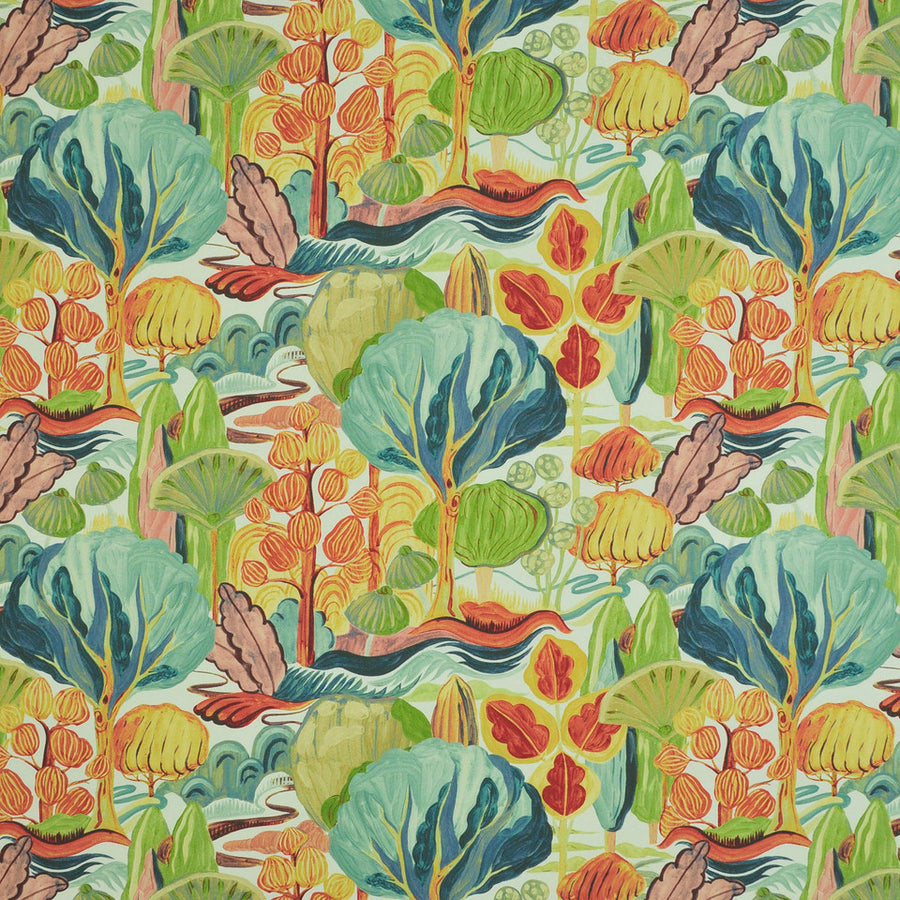 yellow, red, blue, green woodland floral fabric