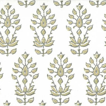 A repeating ornamental floral or leafy pattern in muted olive green and beige on a white background.