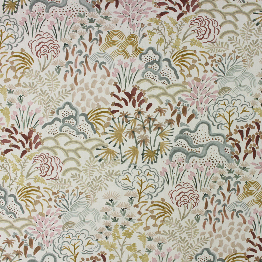 Patterned fabric with floral and abstract designs in earthy tones.
