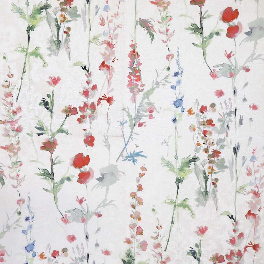 Floral pattern with red, blue, and green flowers on a white background