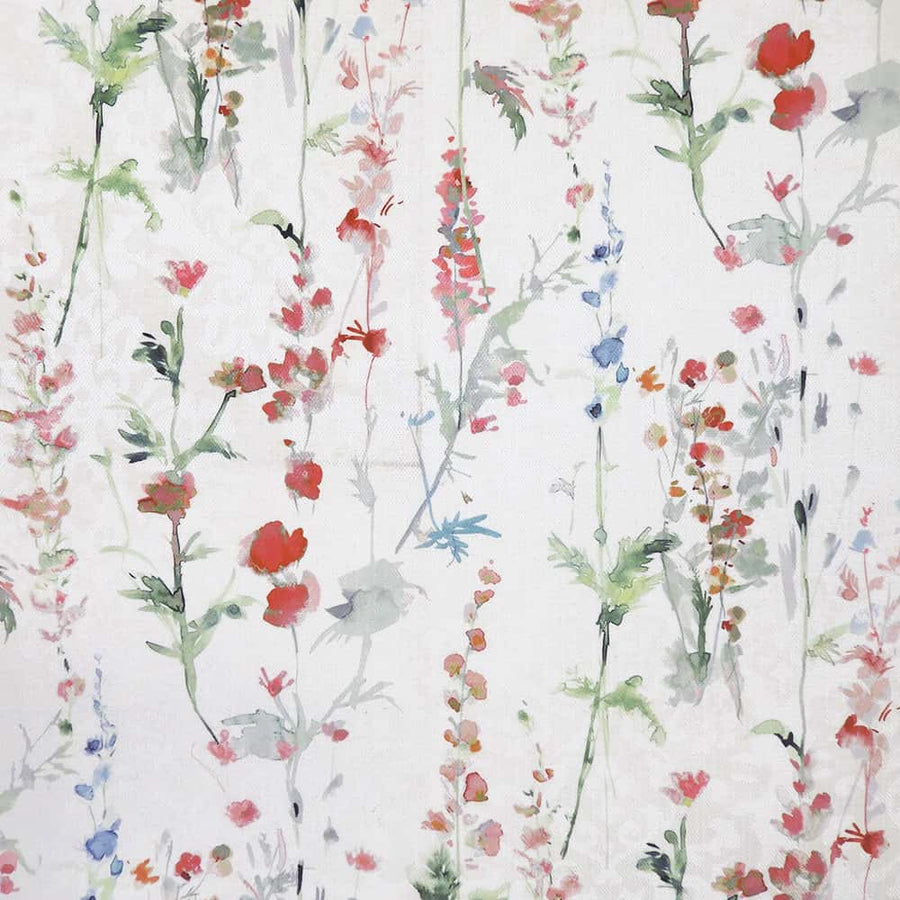 Floral pattern with red, blue, and green flowers on a white background