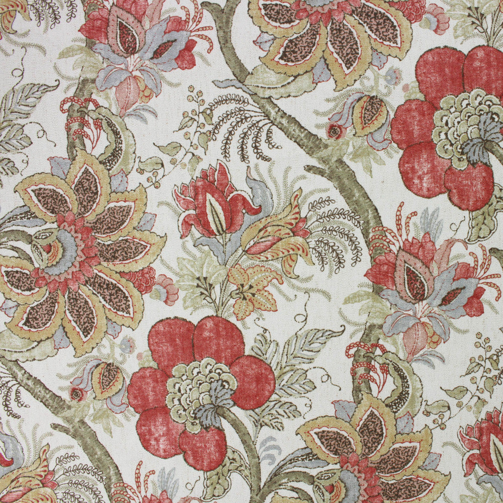 Floral patterned fabric with red, green, and beige colors on a neutral background