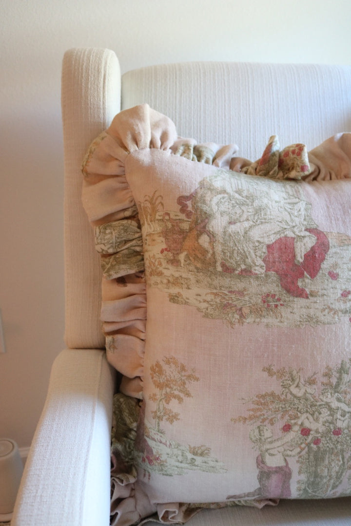 pink toile ruffled linen pillow