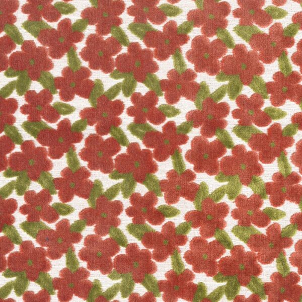 Pattern of red flowers with green leaves on a white background