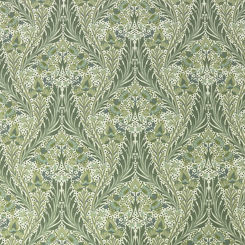 Decorative green floral pattern on a white background
