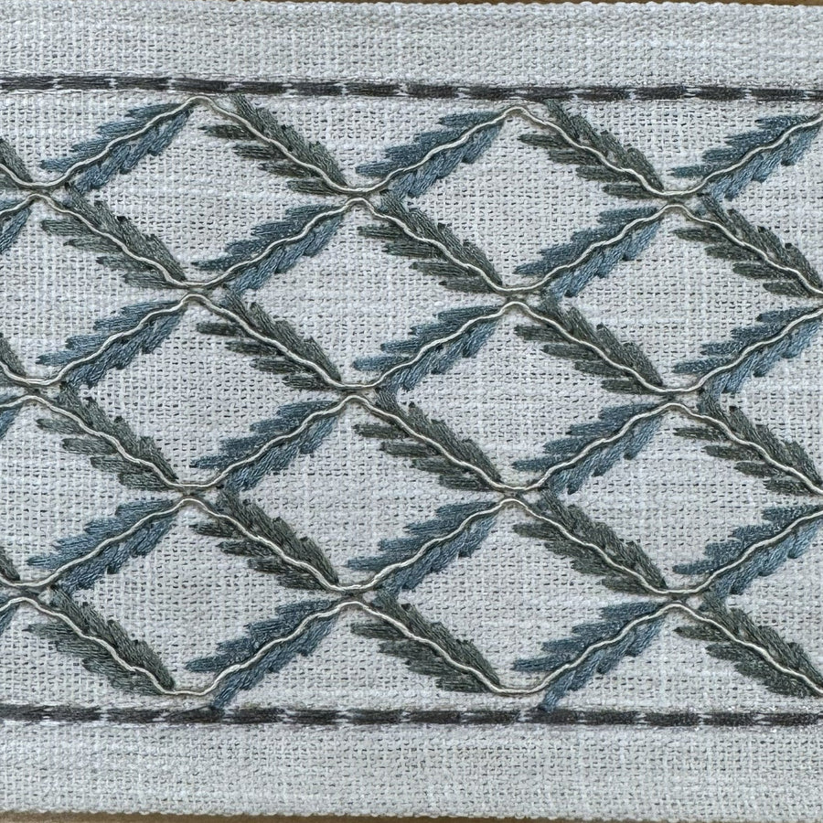 embroidered tape trim with blue and green leaves