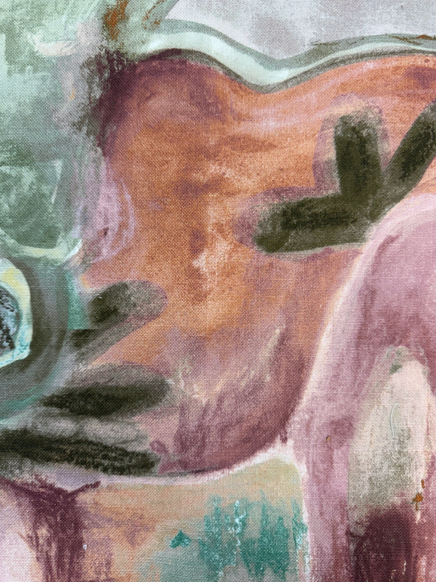 Abstract fabric with colorful brush strokes on a textured fabric background