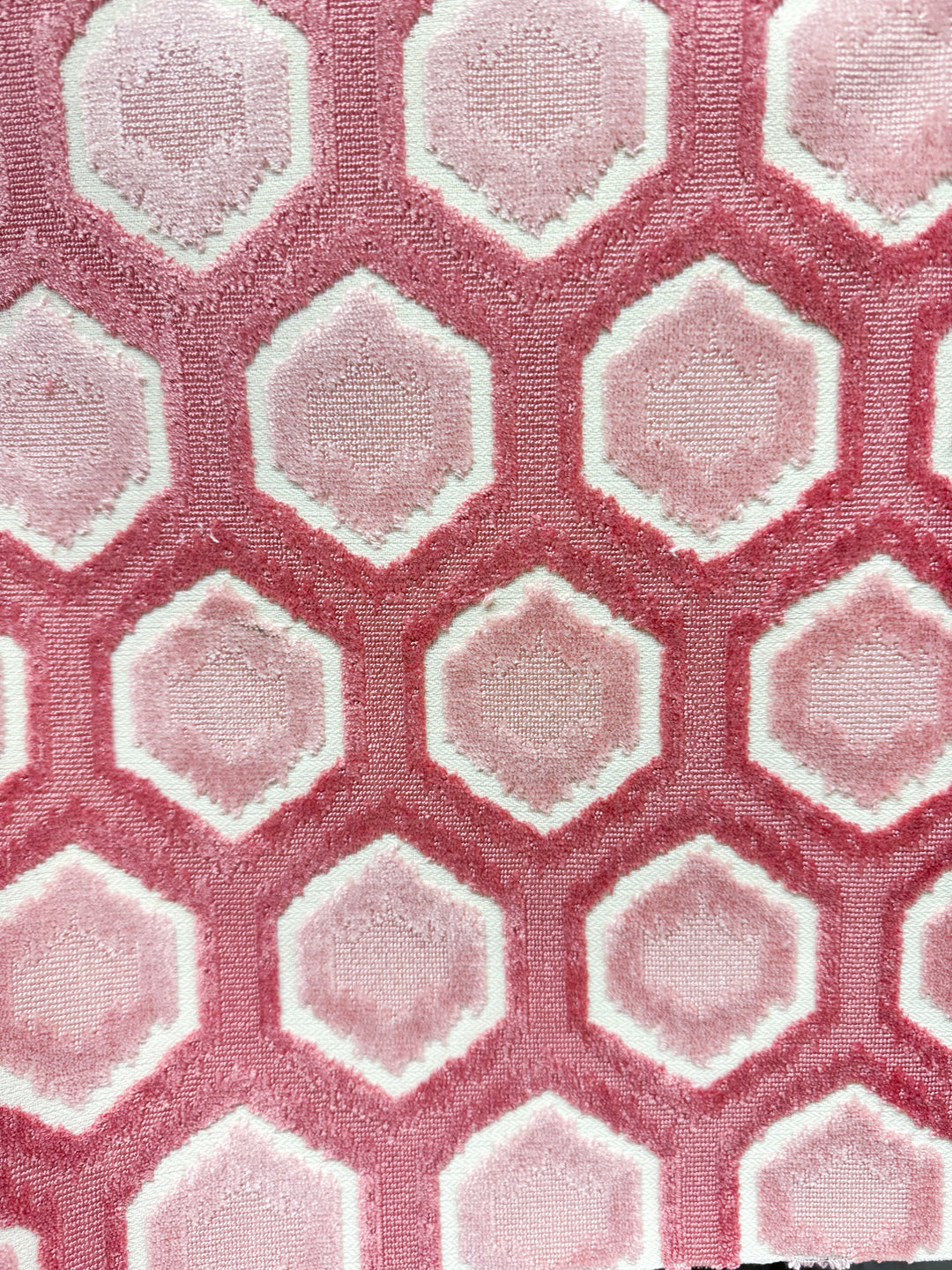 two-toned pink, geometric, velvet, upholstery fabric by the yard