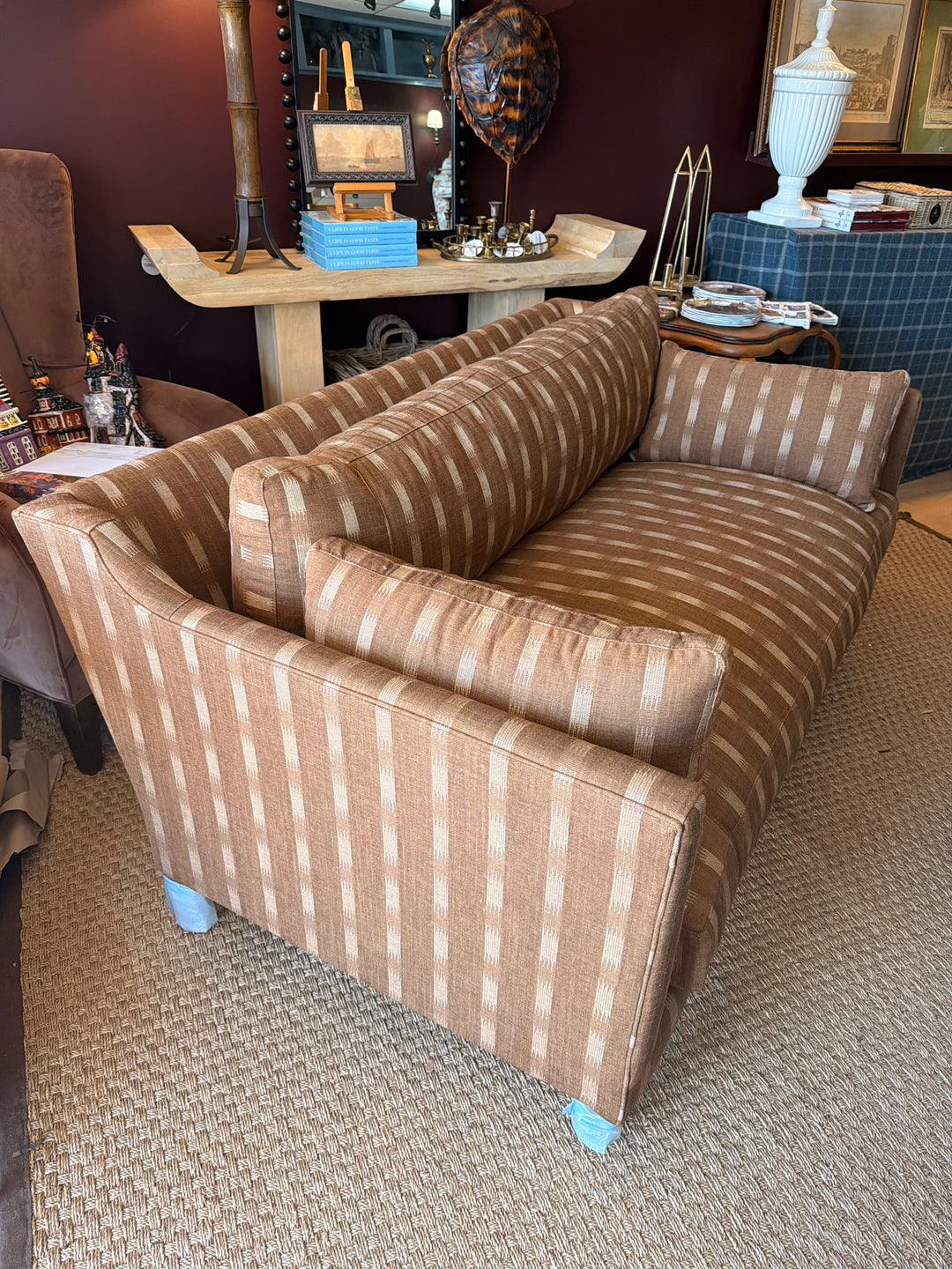brown striped sofa