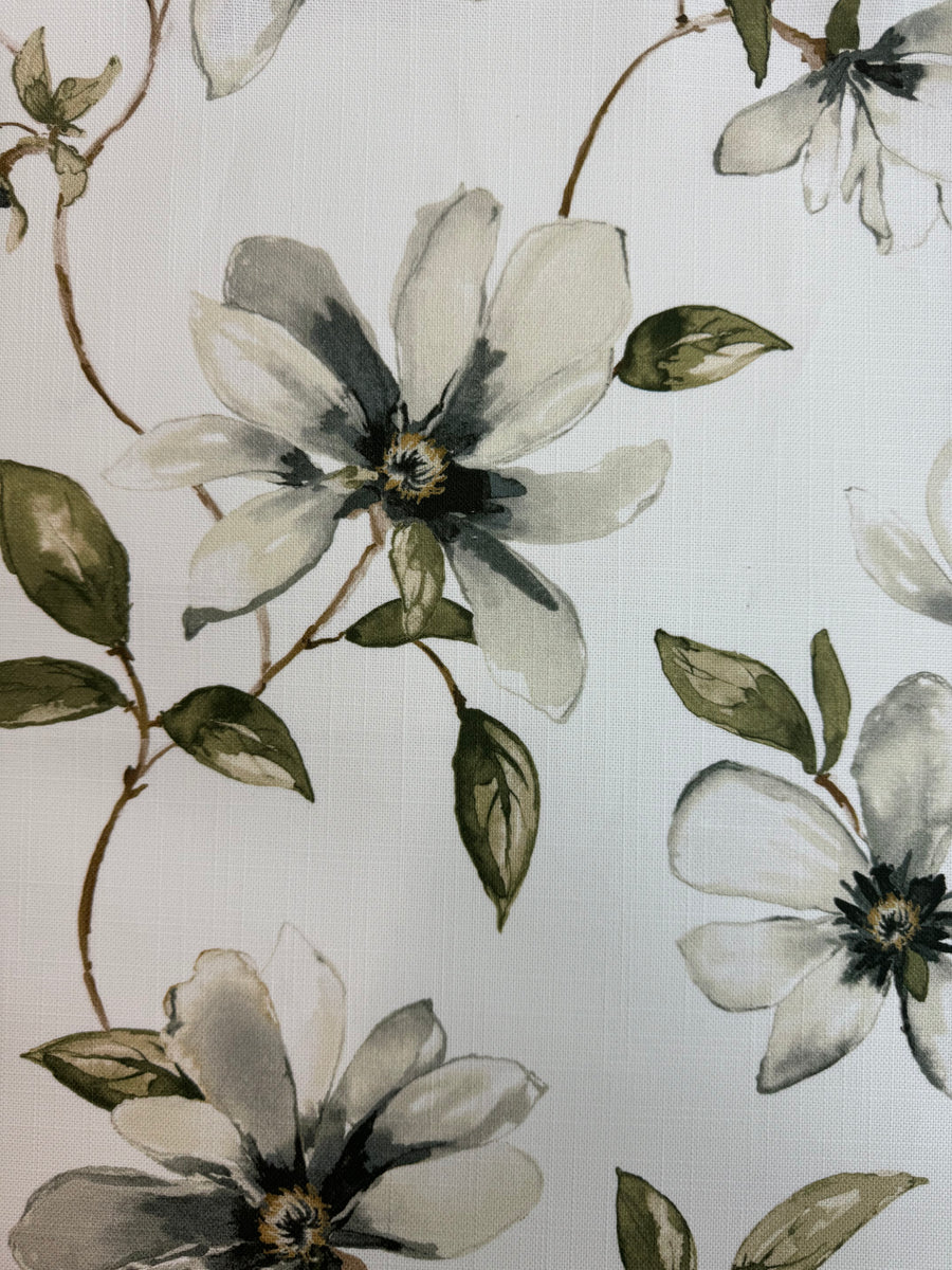 flowers, floral, white, ivory, green, drapery, bedding, upholstery fabric