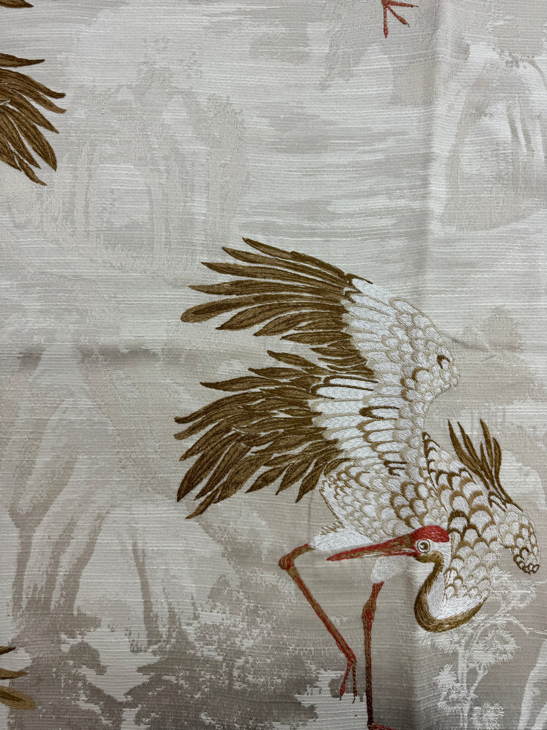 birds, jacquard, embroidered, multi0colored, gold, drapery fabric by the yard