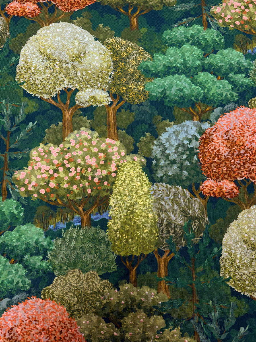 Colorful pattern of trees and bushes on a dark green background