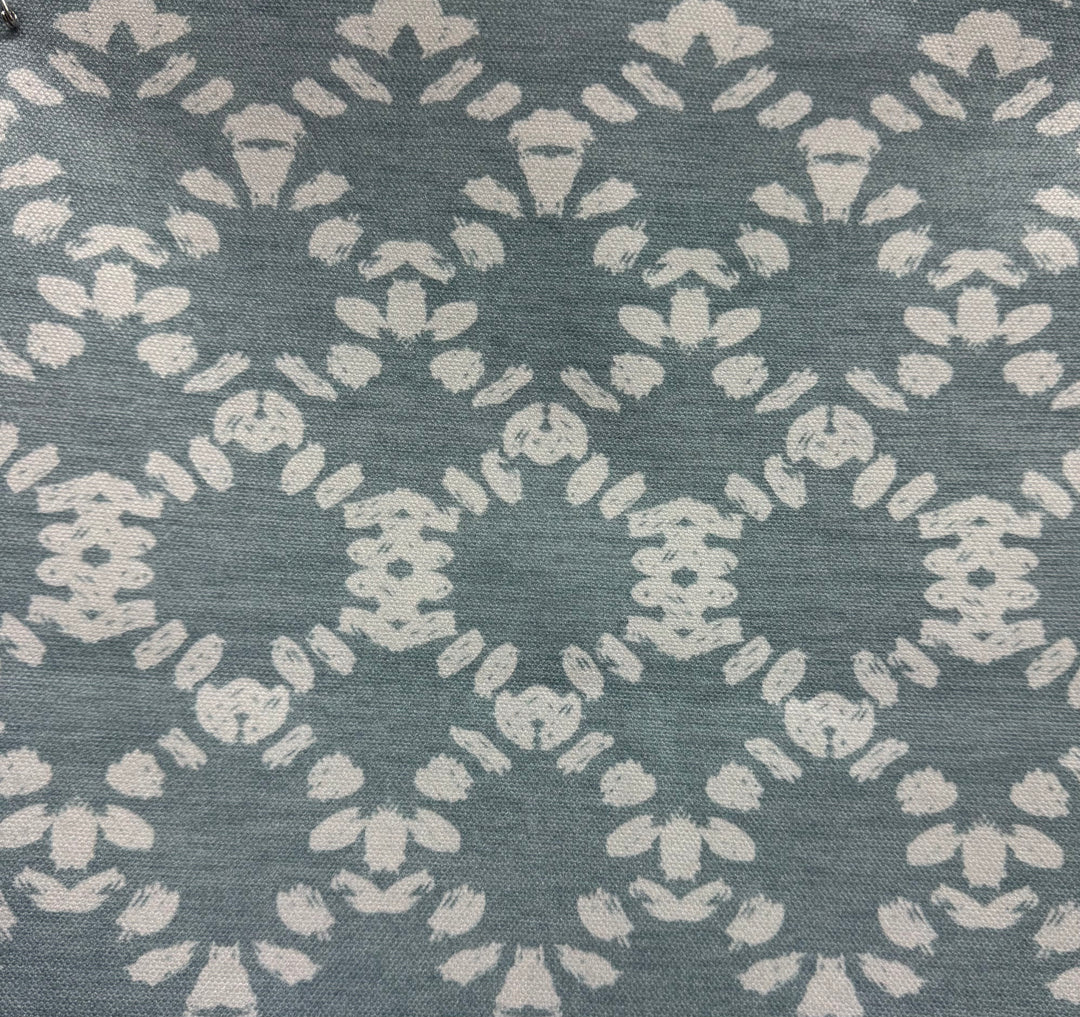 floral geometric blue and white drapery fabric