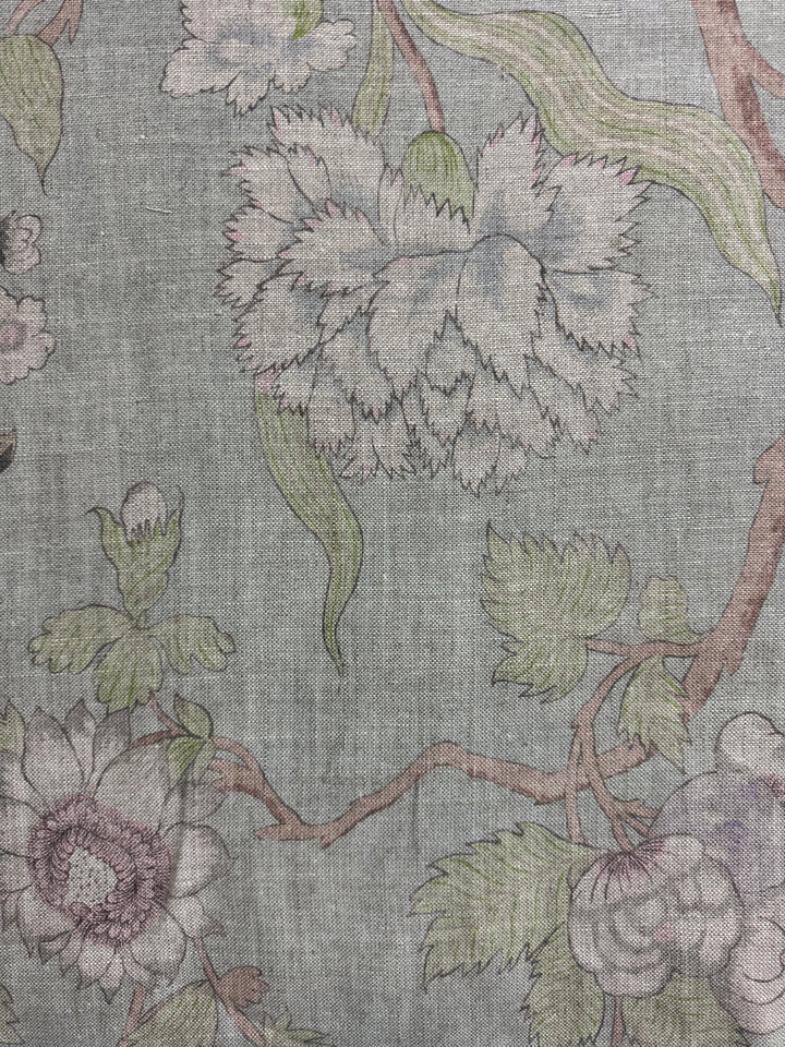 Floral patterned fabric with green leaves and purple flowers on a gray background