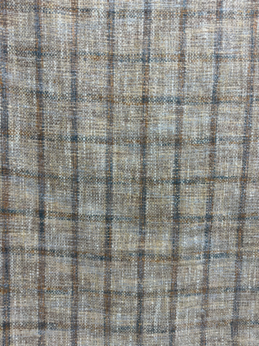 tan, orange, navy, checkered, gingham polyester upholstery fabric by the yard