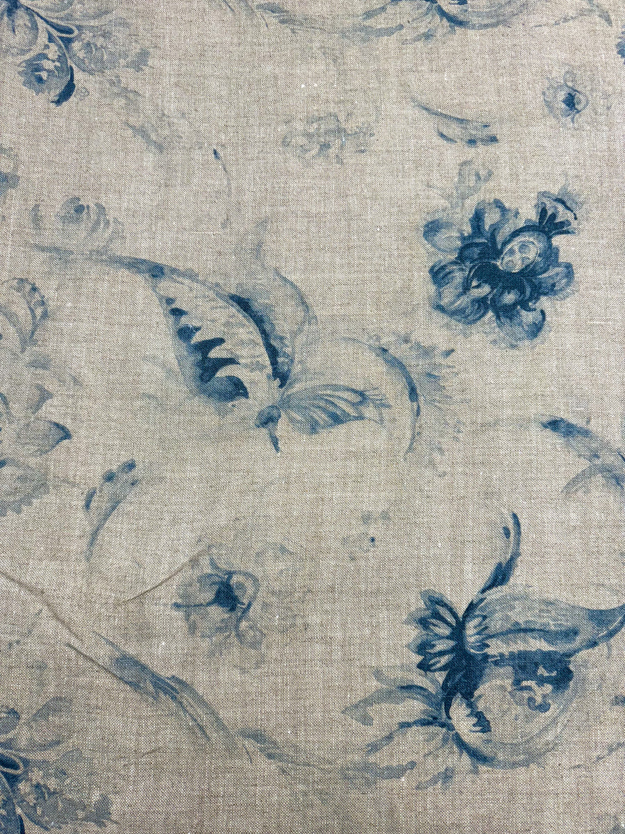 oat, beige, brown, blue, floral, abstract, linen drapery and upholstery fabric, Acquitaine linen