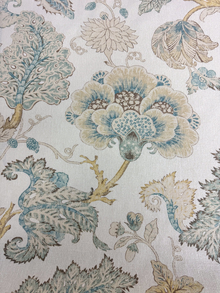 floral, blue, green, yellow, imported linen, drapery, bedding, upholstery fabric