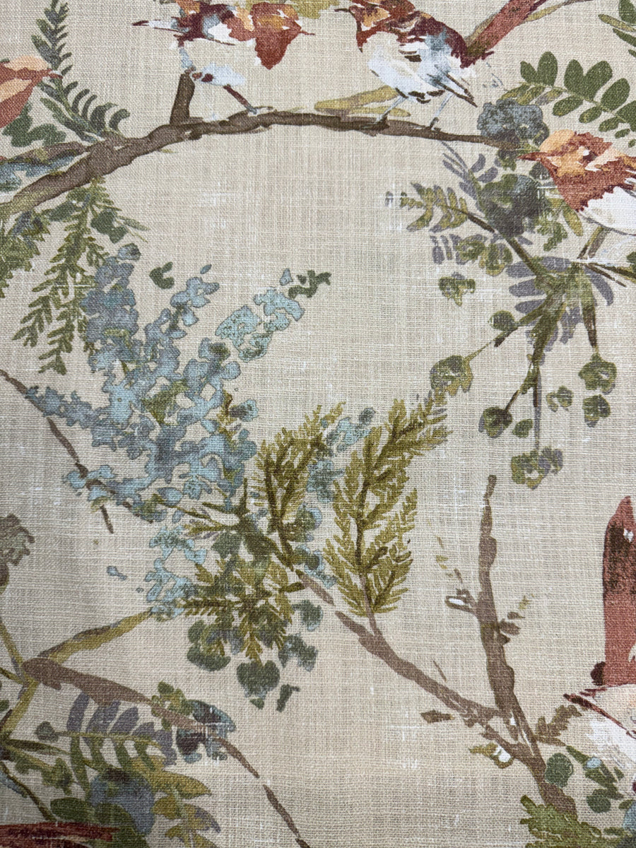 multi-color, cotton, birds, floral, woodland, upholstery, drapery, bedding fabric by the yard