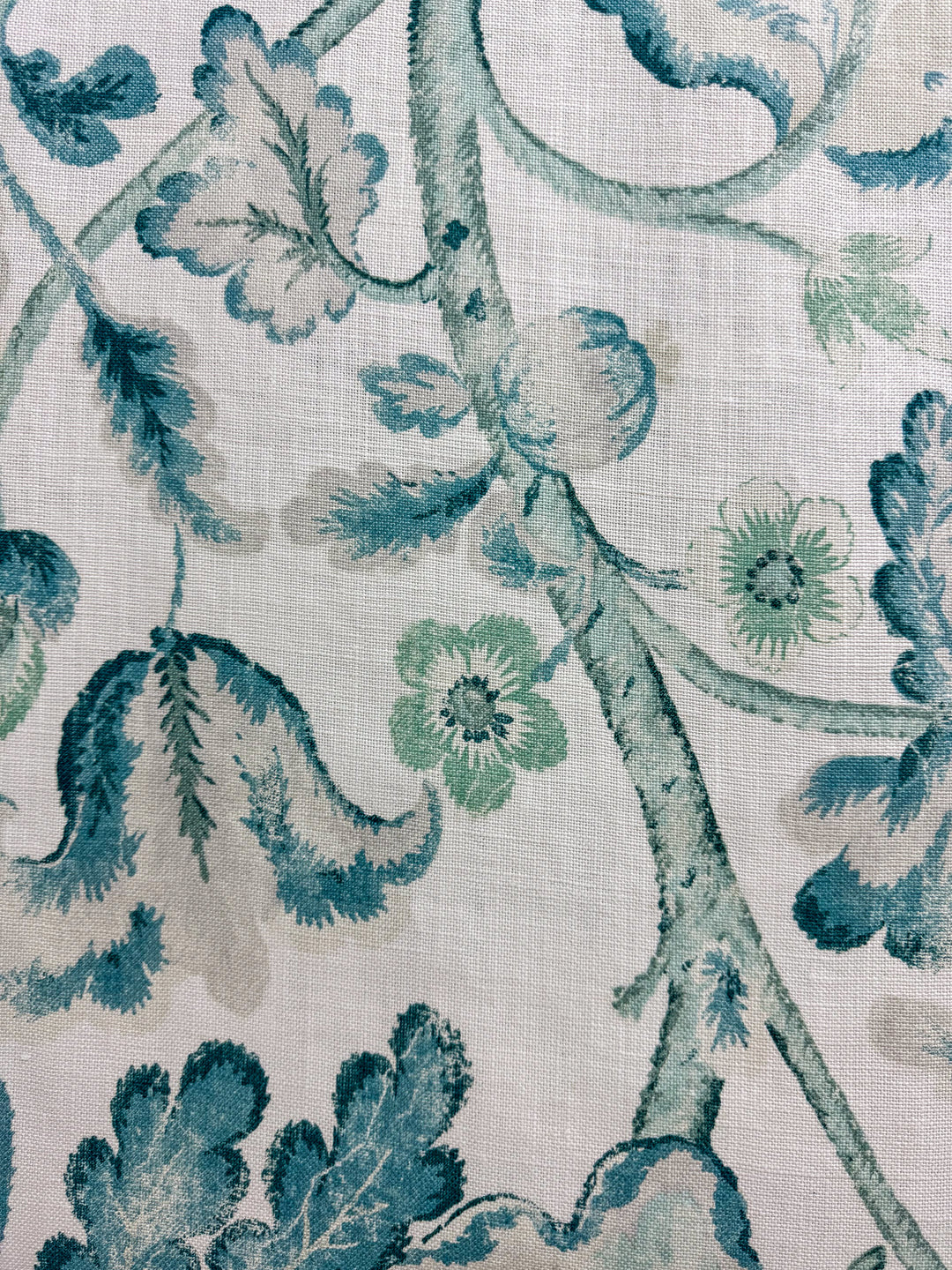 Blue, green, beige, floral, linen, drapery, upholstery, bedding, fabric by the yard, Acquitaine