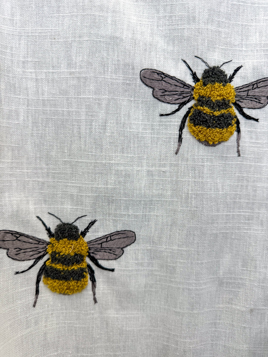 bee, embroidered, white, ivory, drapery fabric by the yard