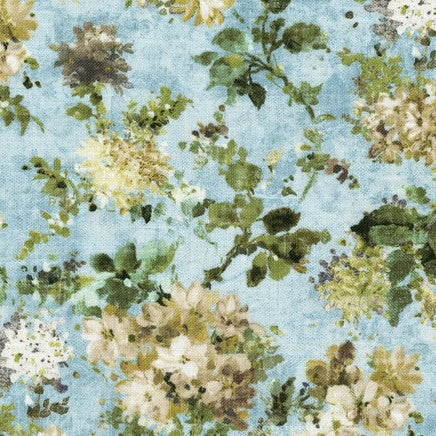 Floral pattern with hydrangeas on a light blue background