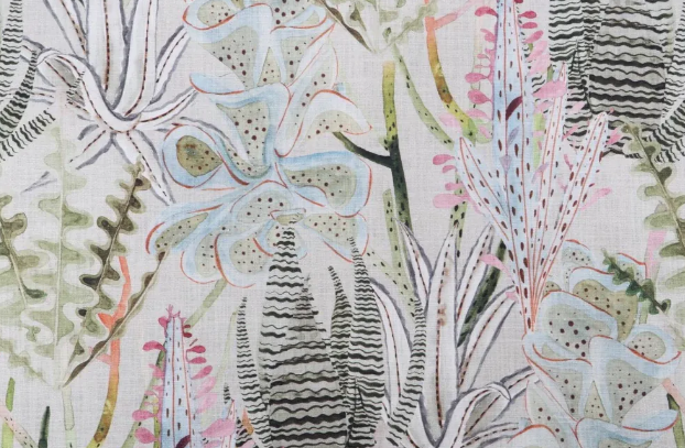 Close-up of a patterned fabric with floral and abstract designs.