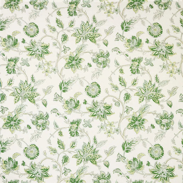 green and white floral fabric with a white background
