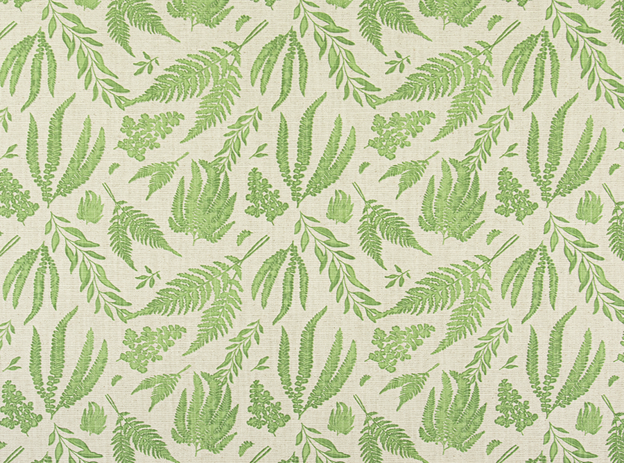 Green leaf pattern on beige fabric 