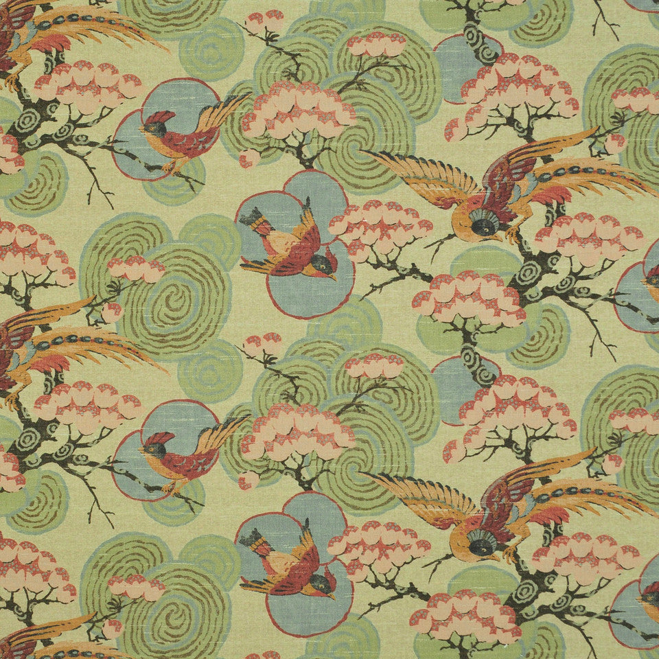 Decorative fabric pattern with birds and cherry blossoms on a green background