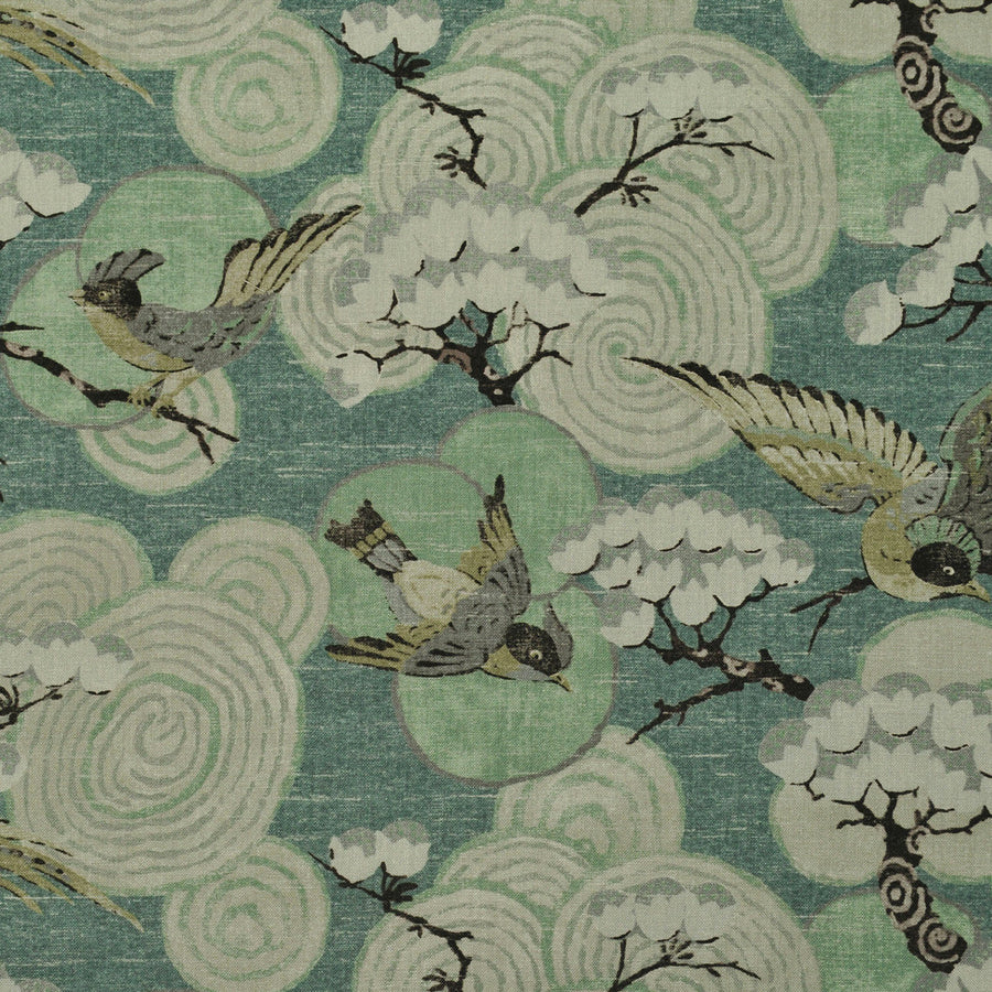 blue and green floral bird scene fabric