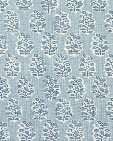 Fabric with blue and white floral pattern on a light blue background