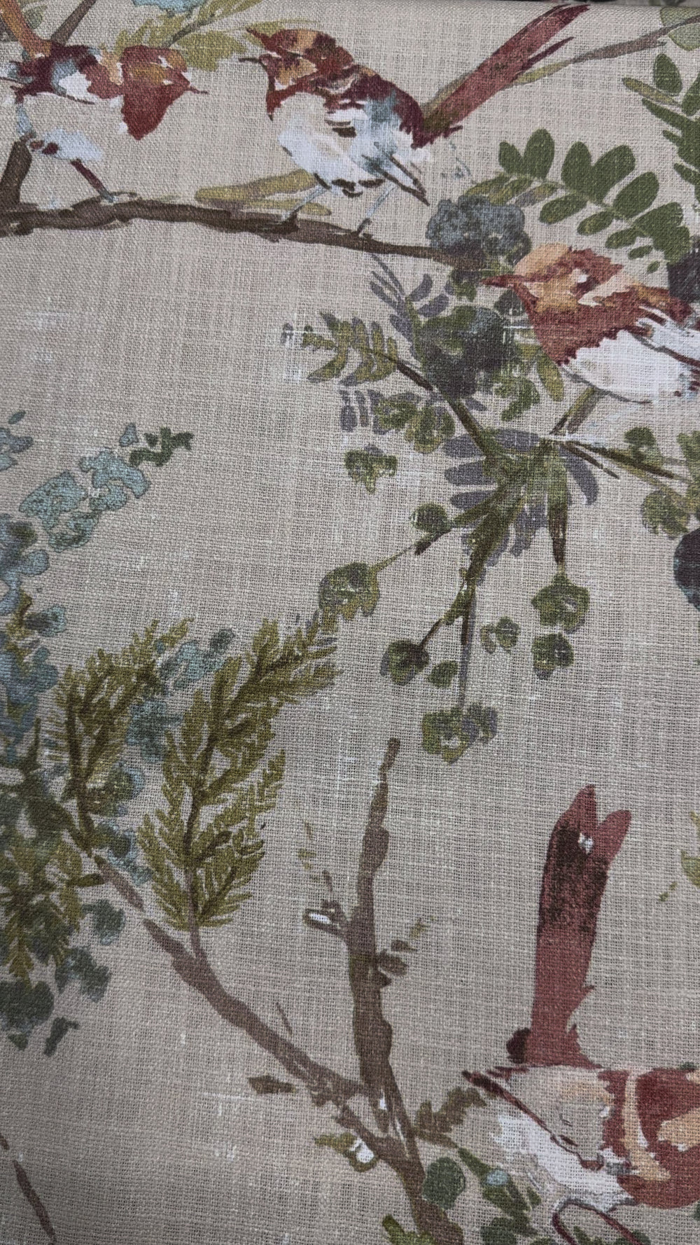 multi-color, cotton, birds, floral, woodland, upholstery, drapery, bedding fabric by the yard