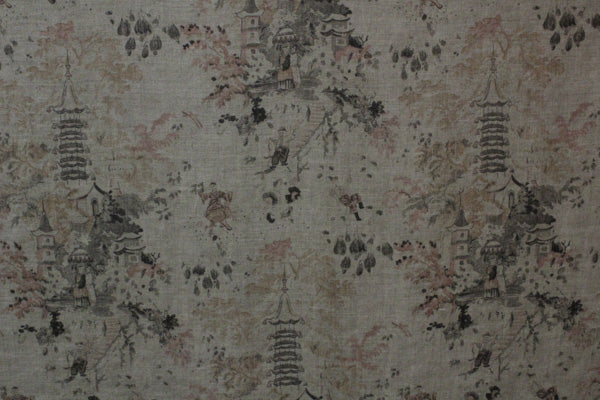 A fabric with a toile pattern featuring pagodas in a grey, orange, and pink color palette.