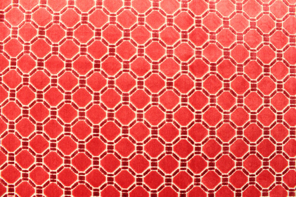 red, geometric, velvet, upholstery fabric by the yard