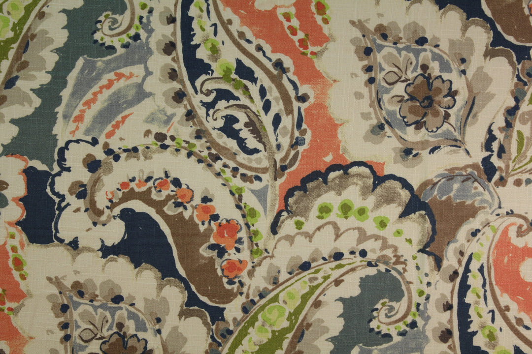 Aretha - Coral, orange, blue, green, paisley, floral, drapery fabric by the yard