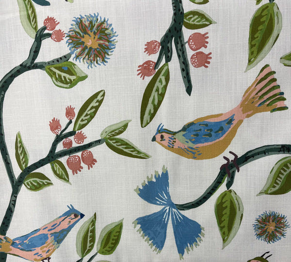 Fabric with a pattern featuring birds of paradise, leaves, and flowers on a light background.
