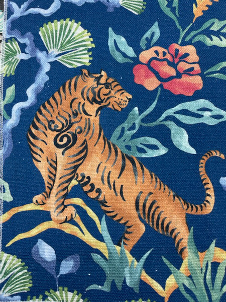 blue, navy, multi-color, tiger, animal print, drapery, bedding, upholstery, fabric by the yard